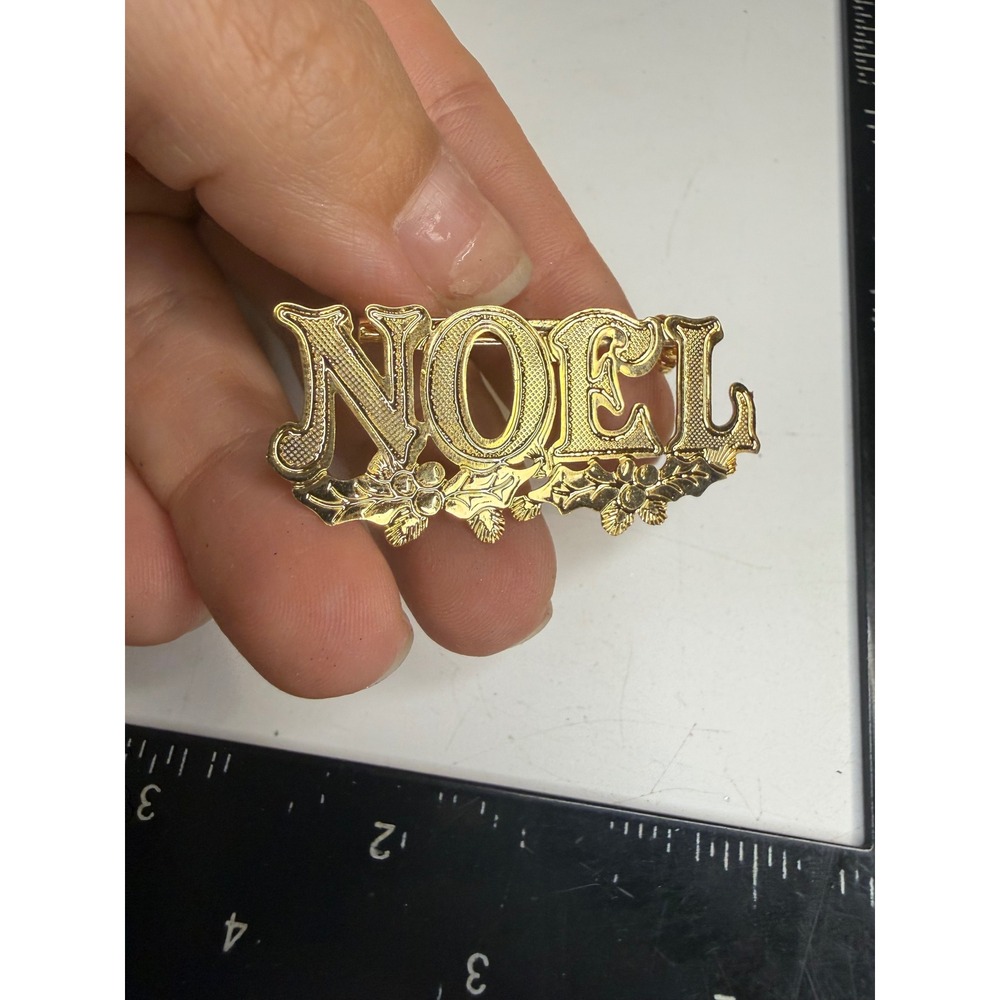 Vintage Gold Tone Noel Christmas Brooch Holly Berry Holiday Pin